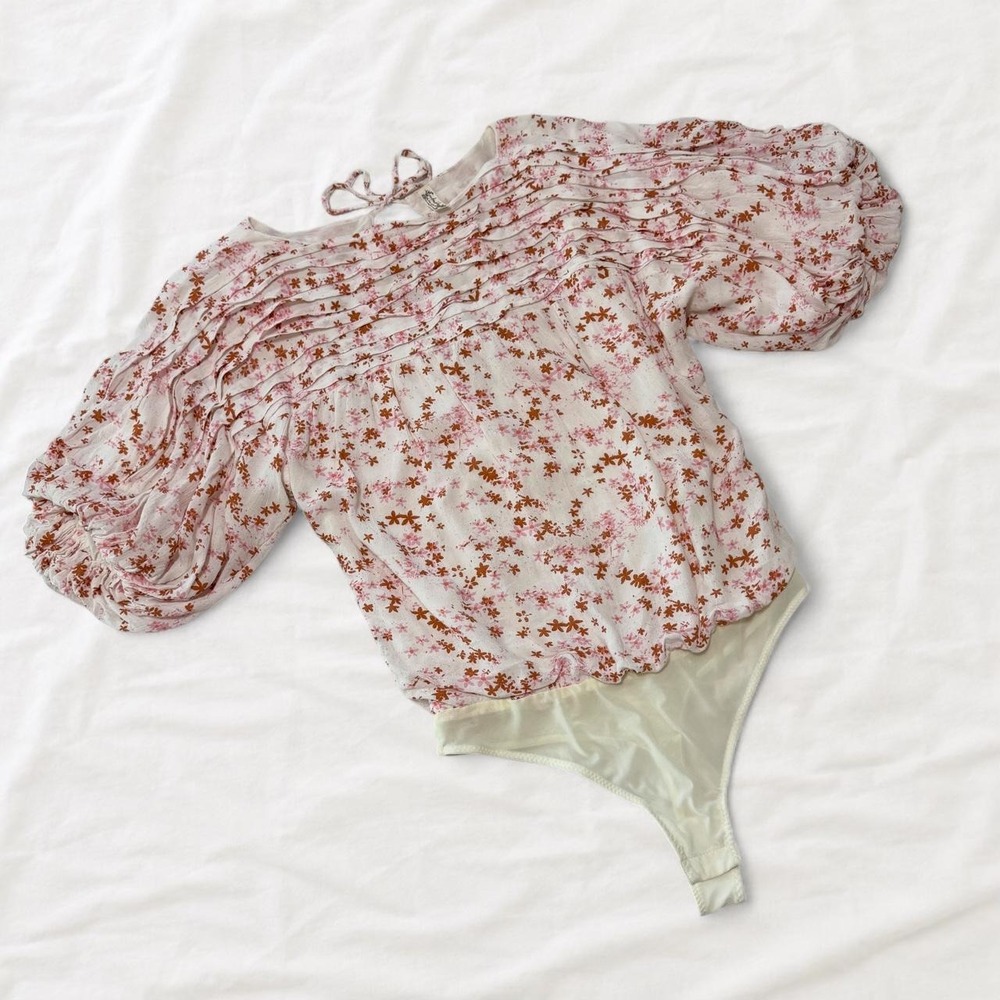 Free People Intimately Dessa Floral Puff Sleeve Bodysuit Cream